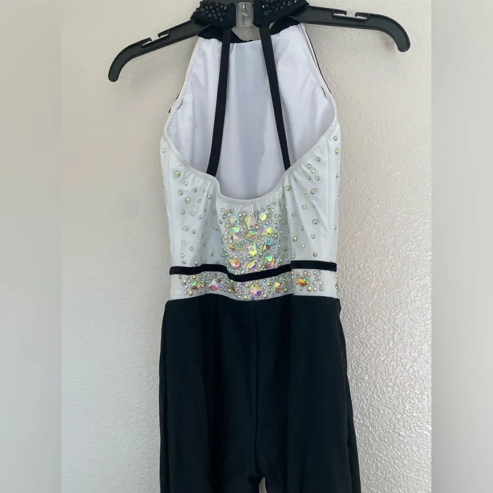 Glamour solo dance costume white black tux jumpsuit embellished LC-large child